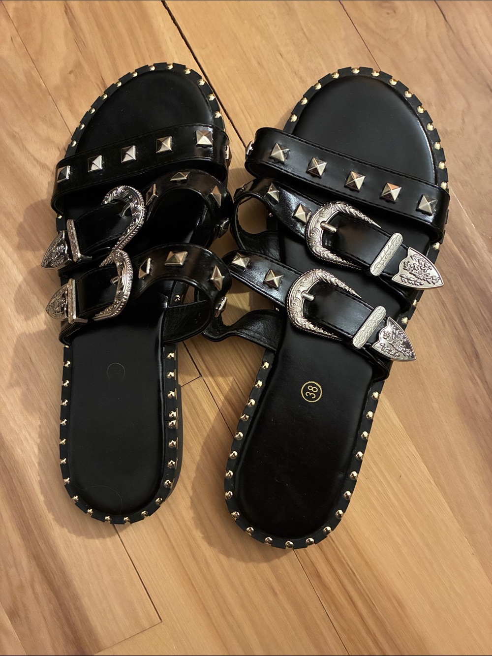 SHEIN Black Studded Double-Buckle Slide Sandals with Silver Buckles